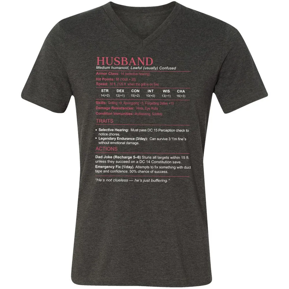 Husband Stats Unisex V-Neck T-Shirt - Dark Grey Heather - 8