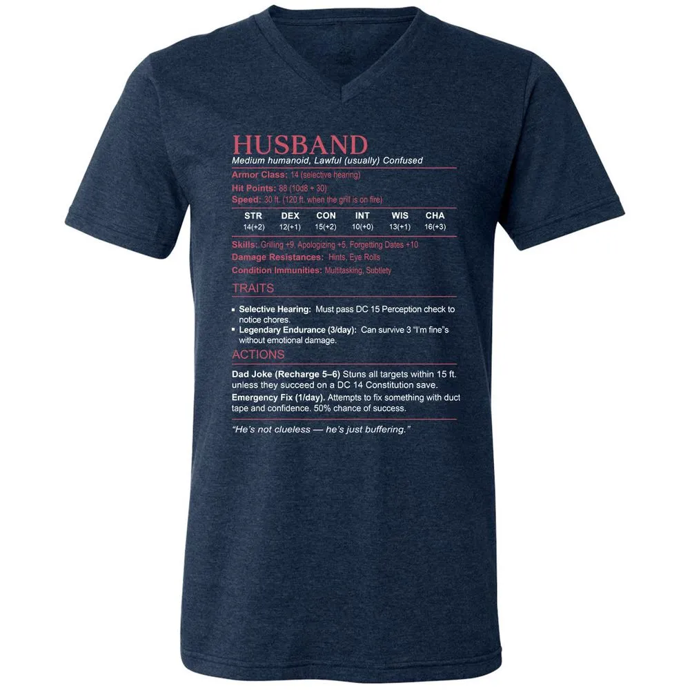Husband Stats Unisex V-Neck T-Shirt - Heather Navy - 15