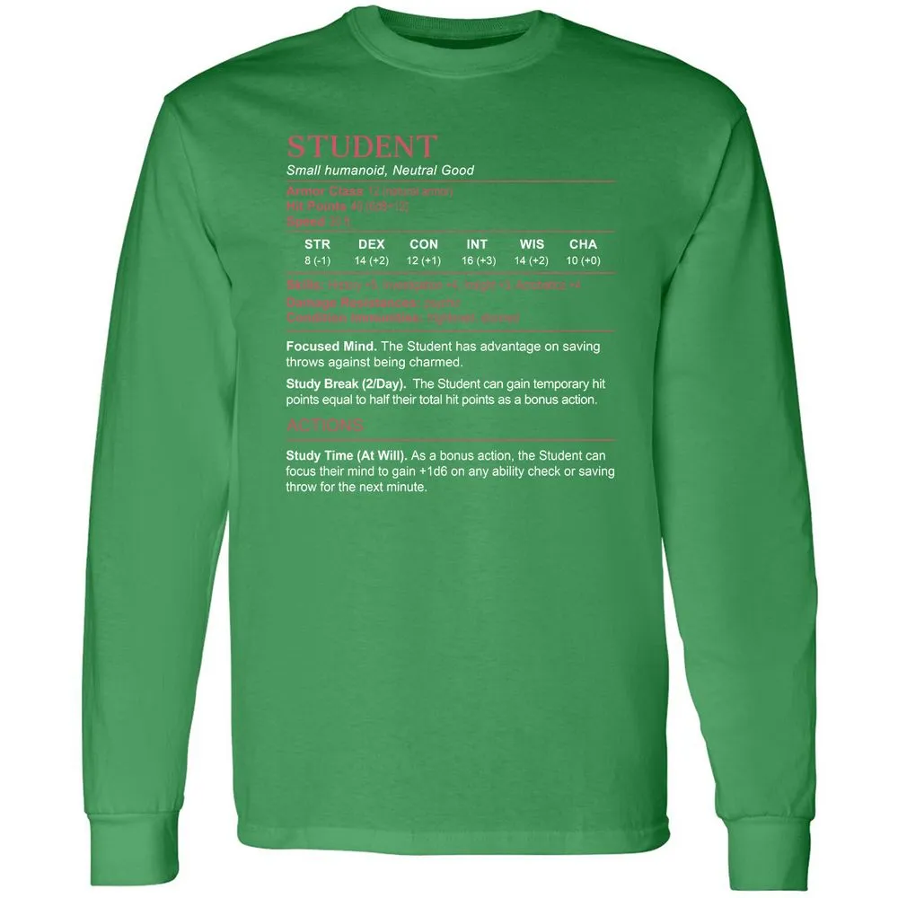 Student Stats Long Sleeve T-Shirt - Irish Green - 10