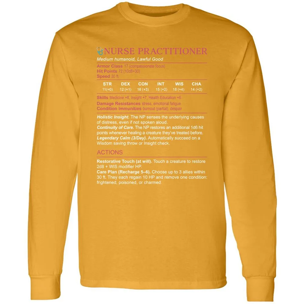 Nurse Practitioner Stats Long Sleeve T-Shirt - Gold - 9