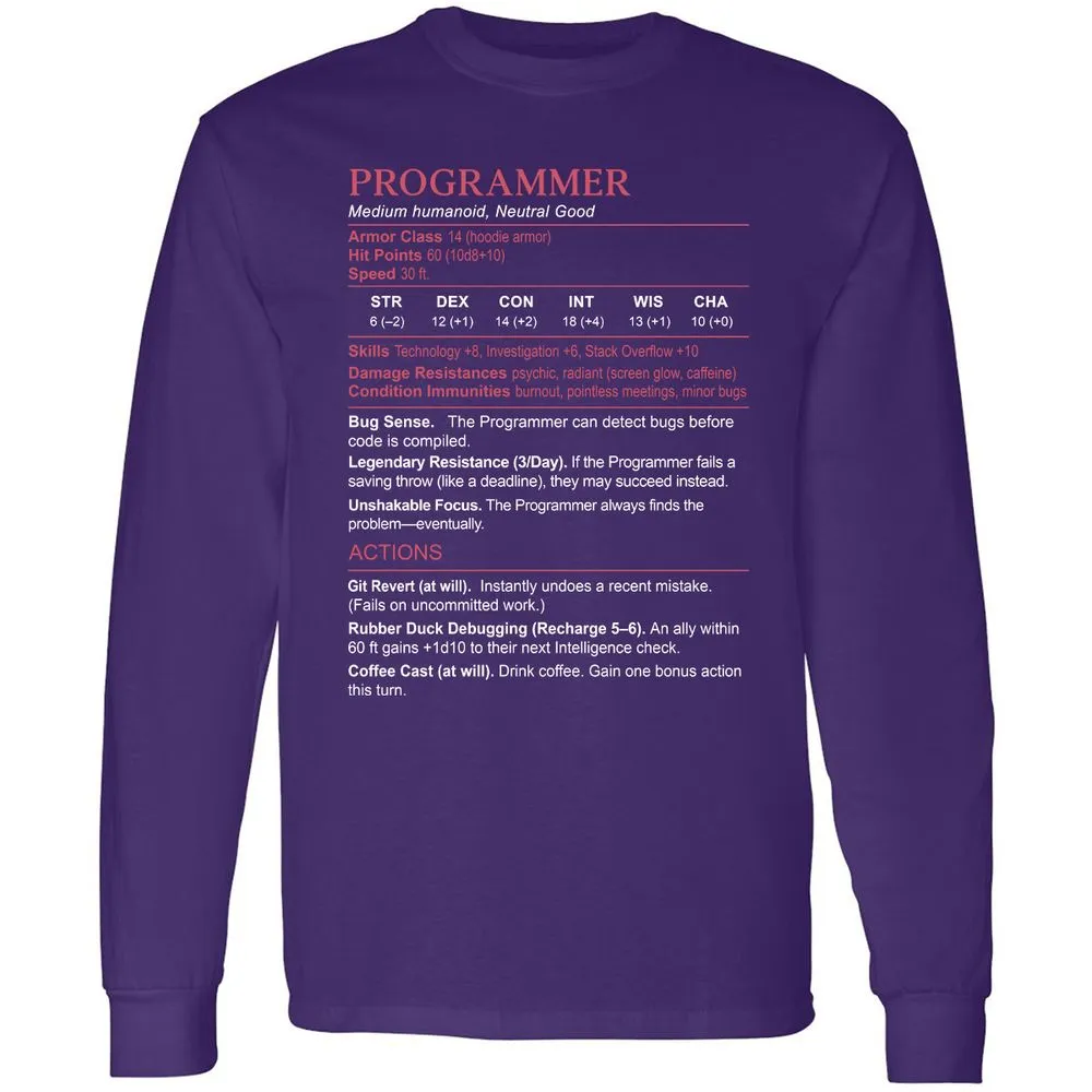 Programmer Stats Long Sleeve T-Shirt - Purple - 13
