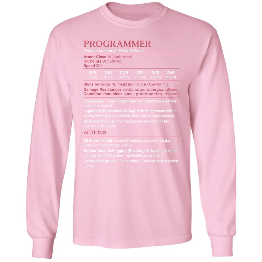 Programmer Stats Long Sleeve T-Shirt - Light Pink - 3