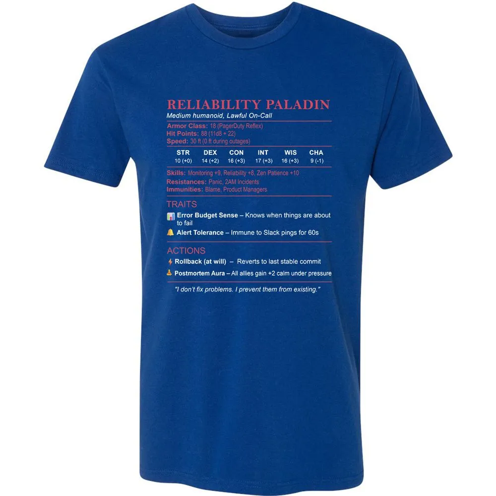 SRE Stats (Reliability Paladin) Premium Unisex T-Shirt - Royal - 10