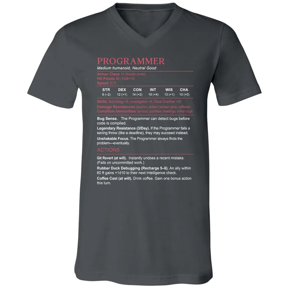 Programmer Stats Unisex V-Neck T-Shirt - Asphalt - 12