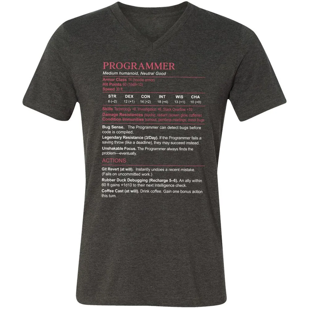Programmer Stats Unisex V-Neck T-Shirt - Dark Grey Heather - 8