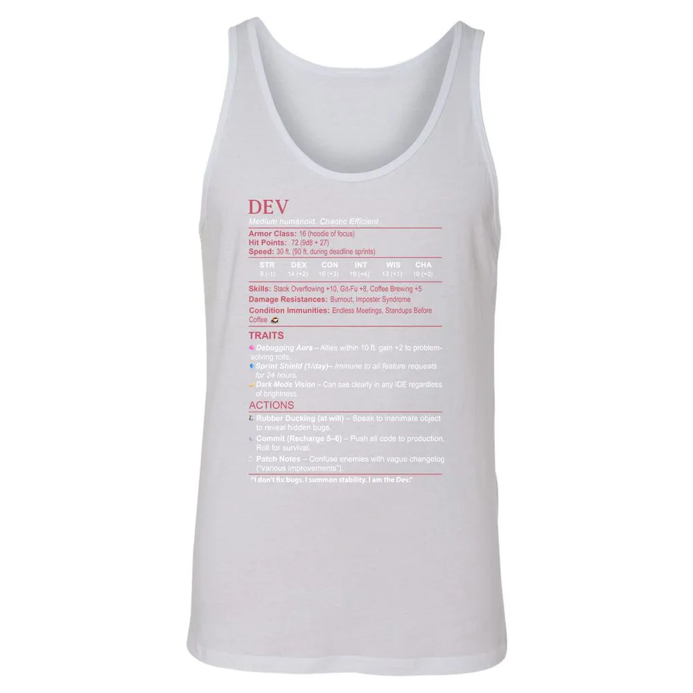 DEV Stats Unisex Jersey Tank - White - 14