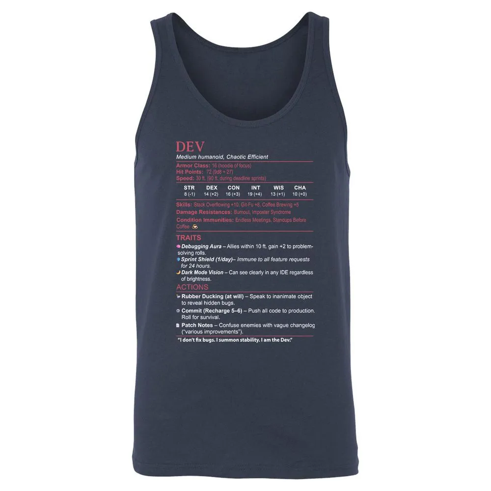 DEV Stats Unisex Jersey Tank - Navy - 2