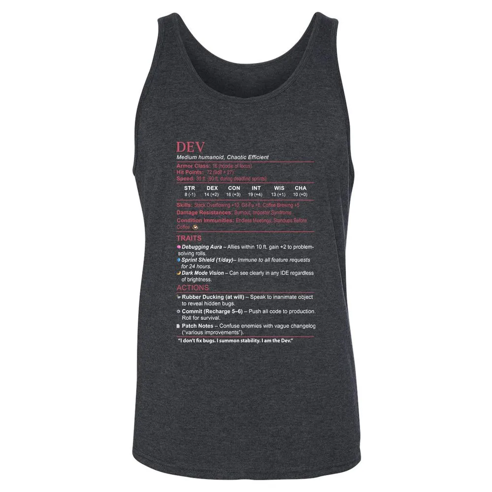 DEV Stats Unisex Jersey Tank - Dark Grey Heather - 6