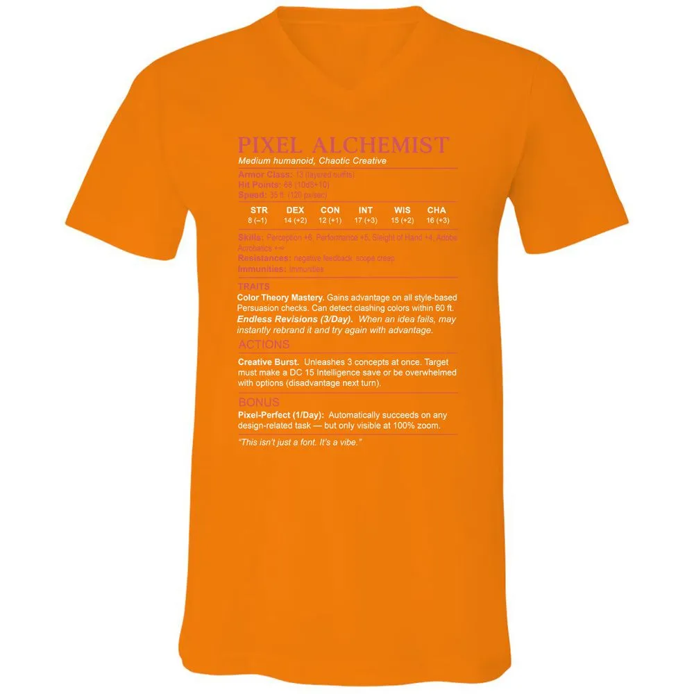 Designer Stats (Pixel Alchemist) Unisex V-Neck T-Shirt - Orange - 11