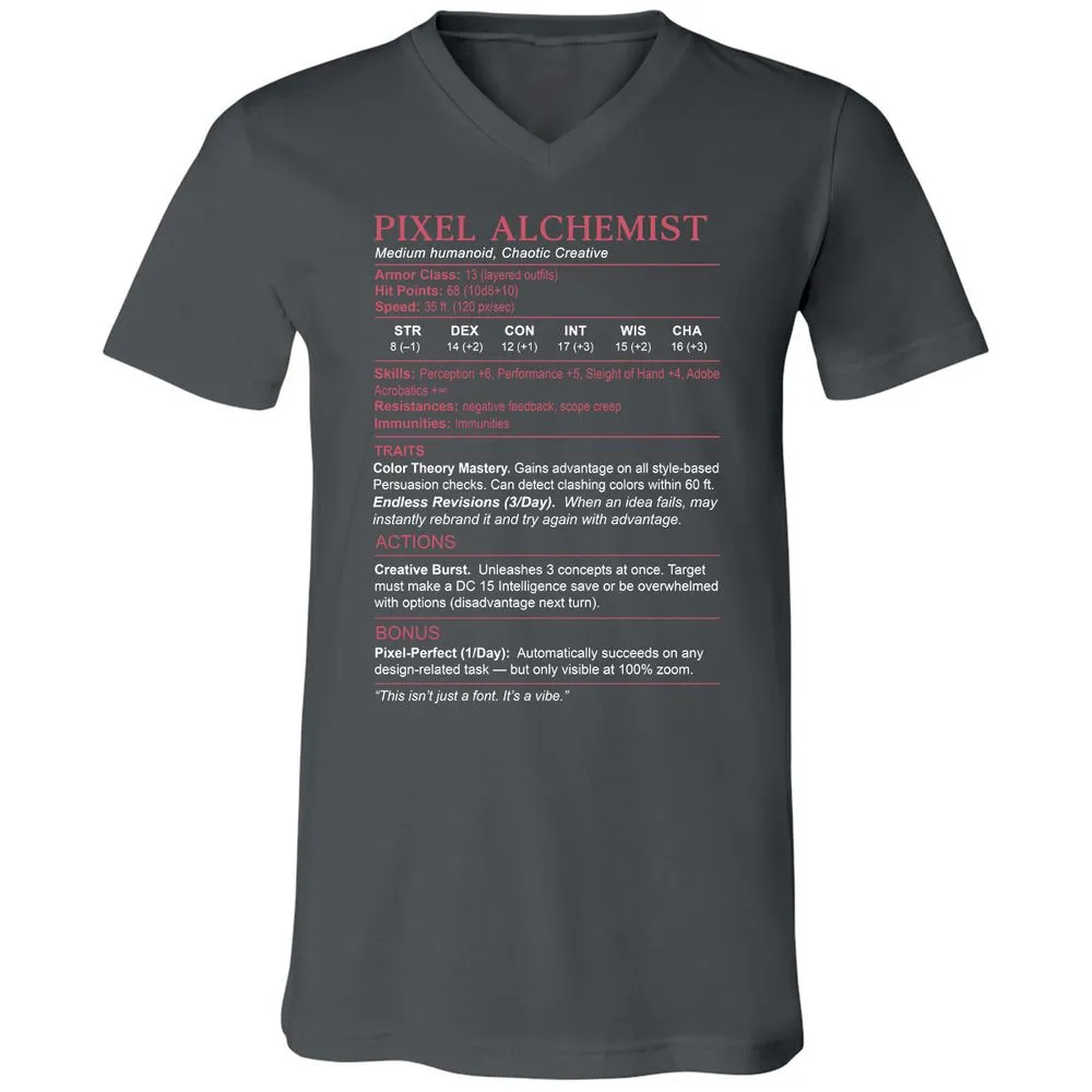 Designer Stats (Pixel Alchemist) Unisex V-Neck T-Shirt - Asphalt - 12