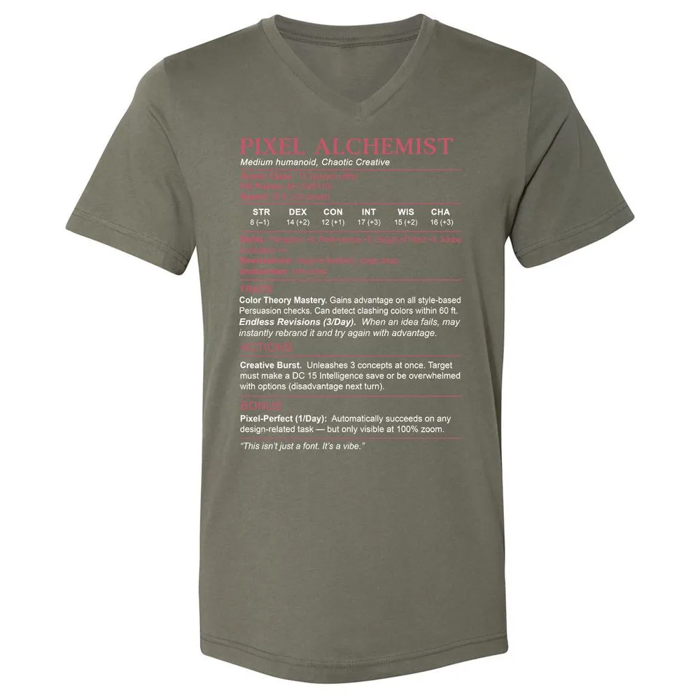 Designer Stats (Pixel Alchemist) Unisex V-Neck T-Shirt - Military Green - 10
