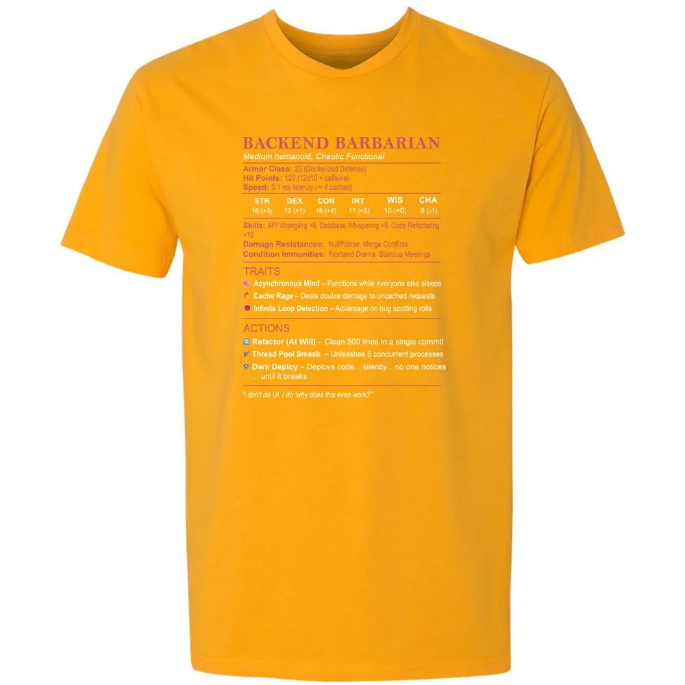 Backend Barbarian Stats Premium Unisex T-Shirt - Gold - 12