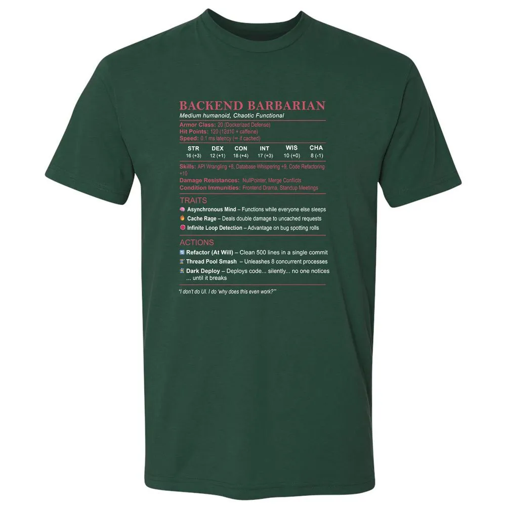 Backend Barbarian Stats Premium Unisex T-Shirt - Forest Green - 13