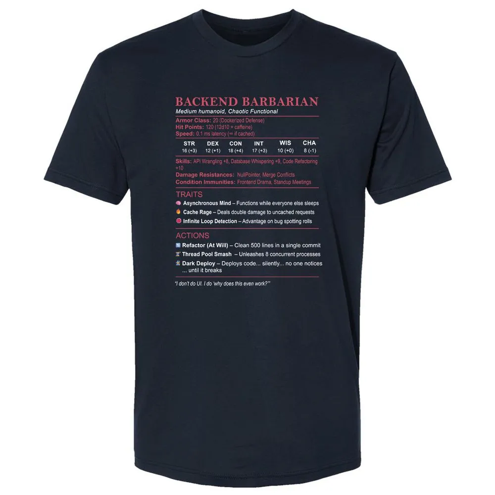 Backend Barbarian Stats Premium Unisex T-Shirt - Midnight Navy - 2