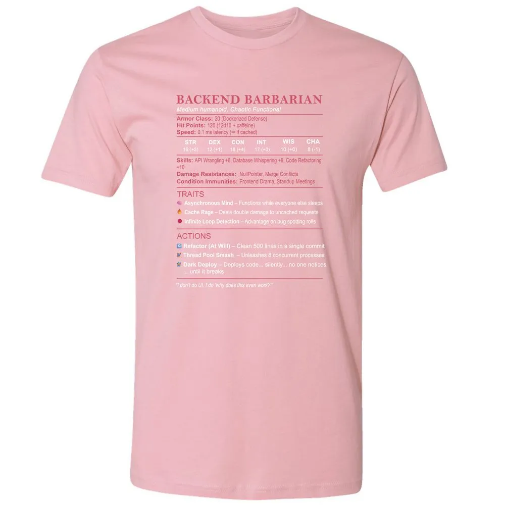 Backend Barbarian Stats Premium Unisex T-Shirt - Light Pink - 3