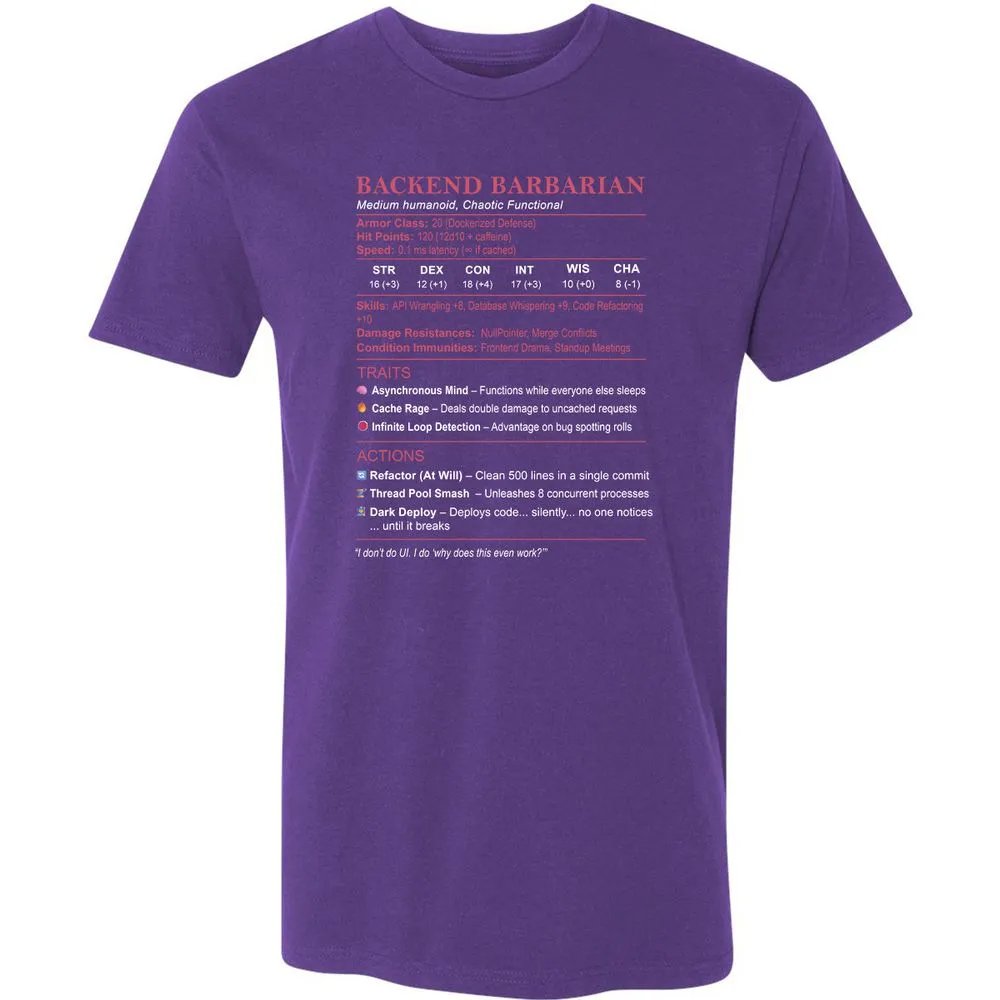 Backend Barbarian Stats Premium Unisex T-Shirt - Purple Rush - 7