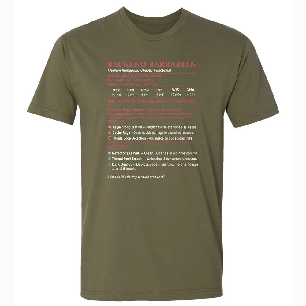 Backend Barbarian Stats Premium Unisex T-Shirt - Military Green - 5