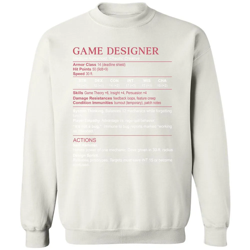 Game Designer Stats Classic Unisex Sweatshirt - White - 12