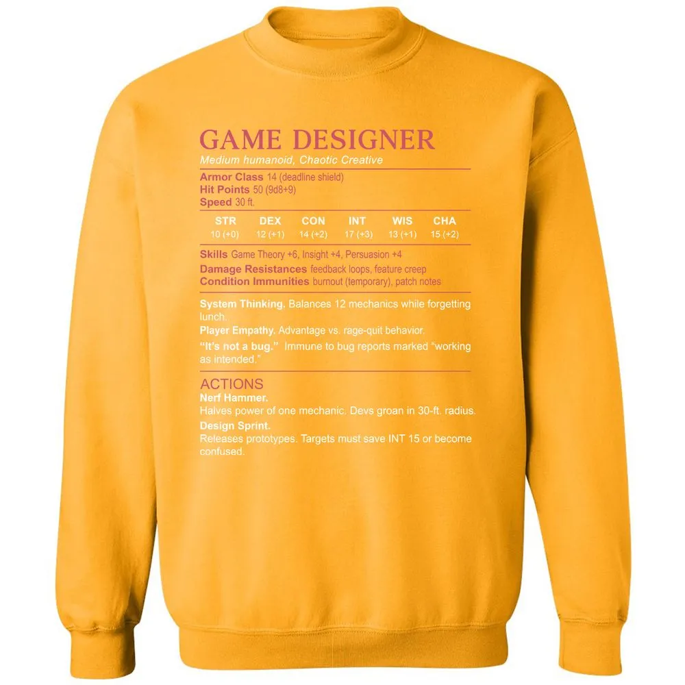 Game Designer Stats Classic Unisex Sweatshirt - Gold - 11