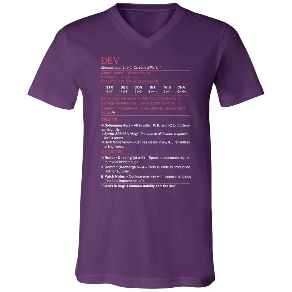 DEV Stats Unisex V-Neck T-Shirt - Team Purple - 9