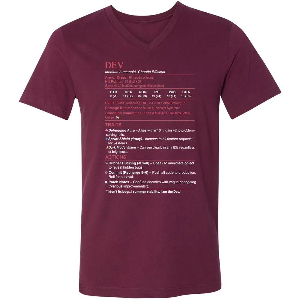 DEV Stats Unisex V-Neck T-Shirt - Maroon - 6