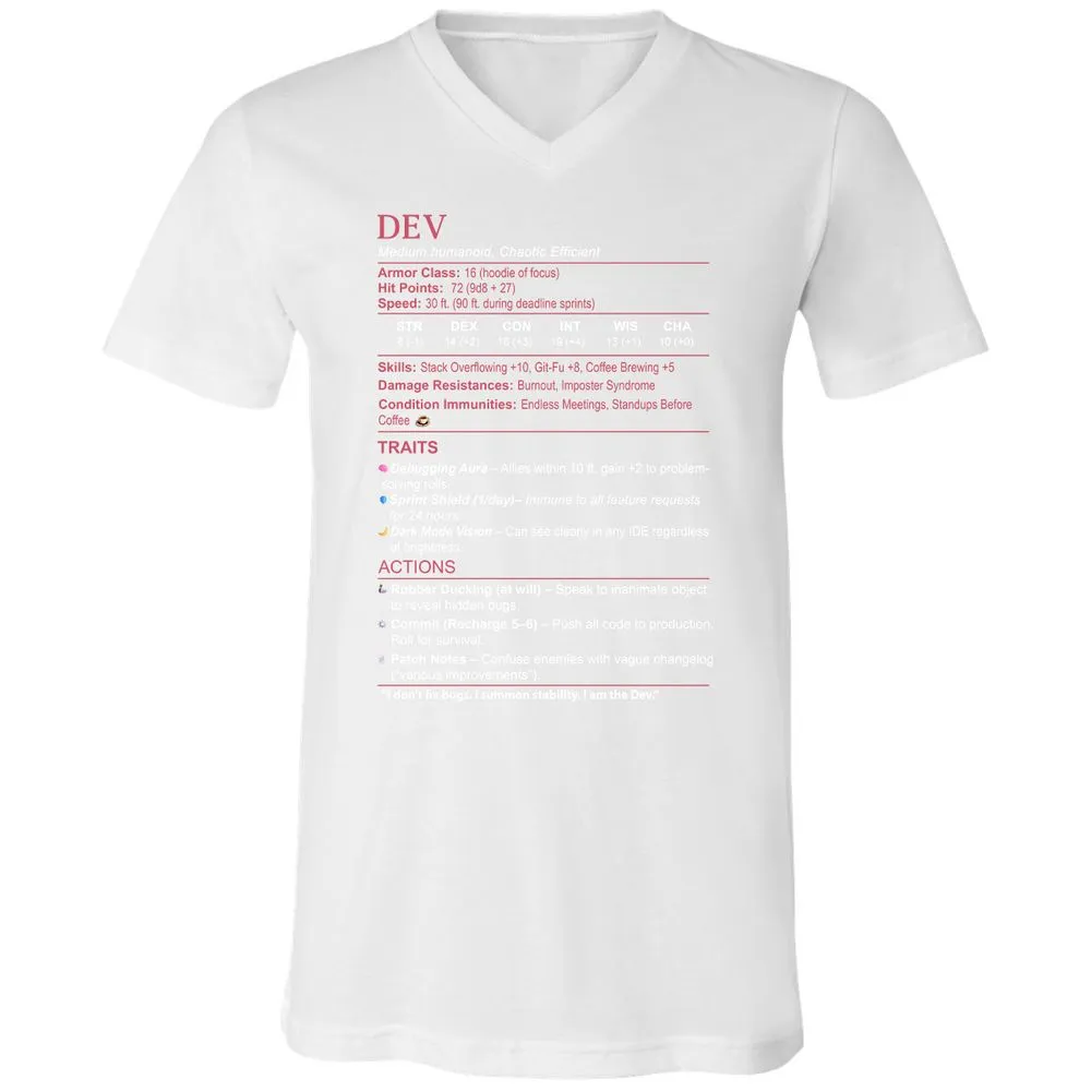 DEV Stats Unisex V-Neck T-Shirt - White - 5