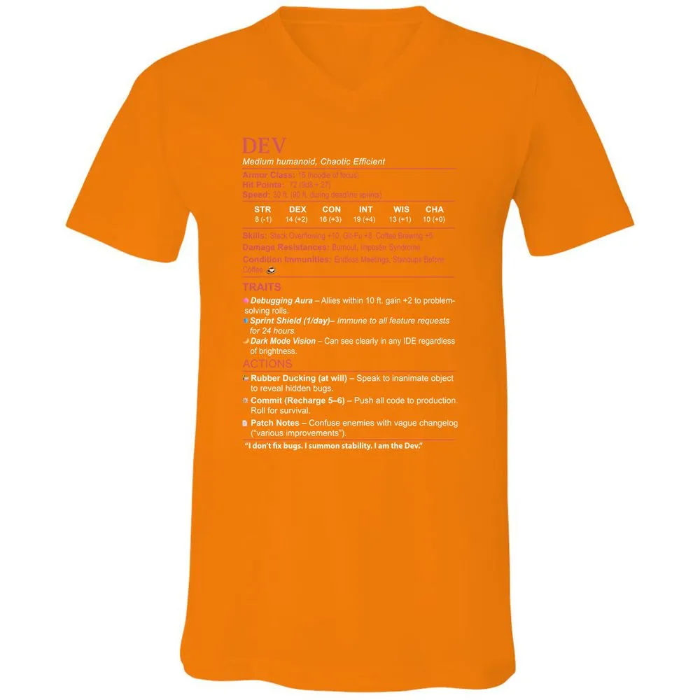 DEV Stats Unisex V-Neck T-Shirt - Orange - 11
