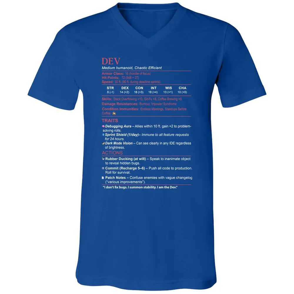 DEV Stats Unisex V-Neck T-Shirt - True Royal - 4
