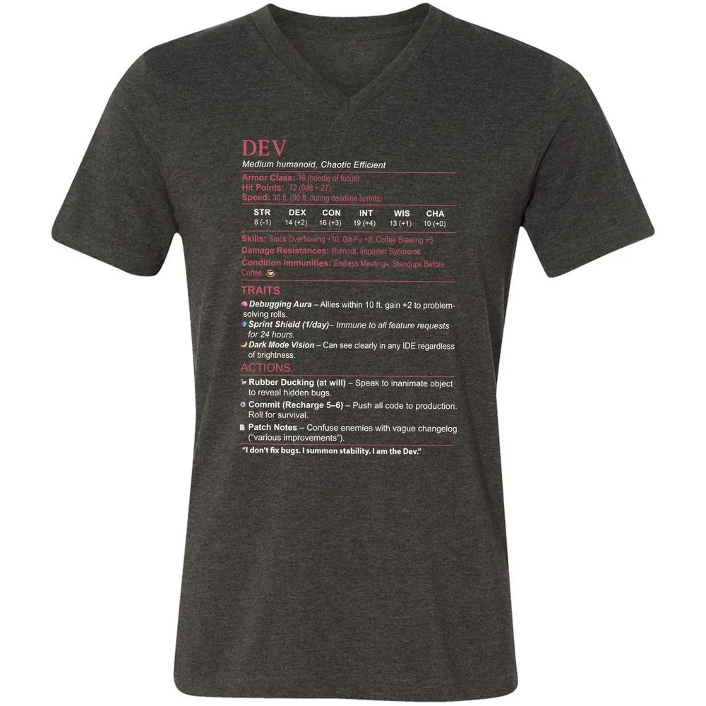 DEV Stats Unisex V-Neck T-Shirt - Dark Grey Heather - 8