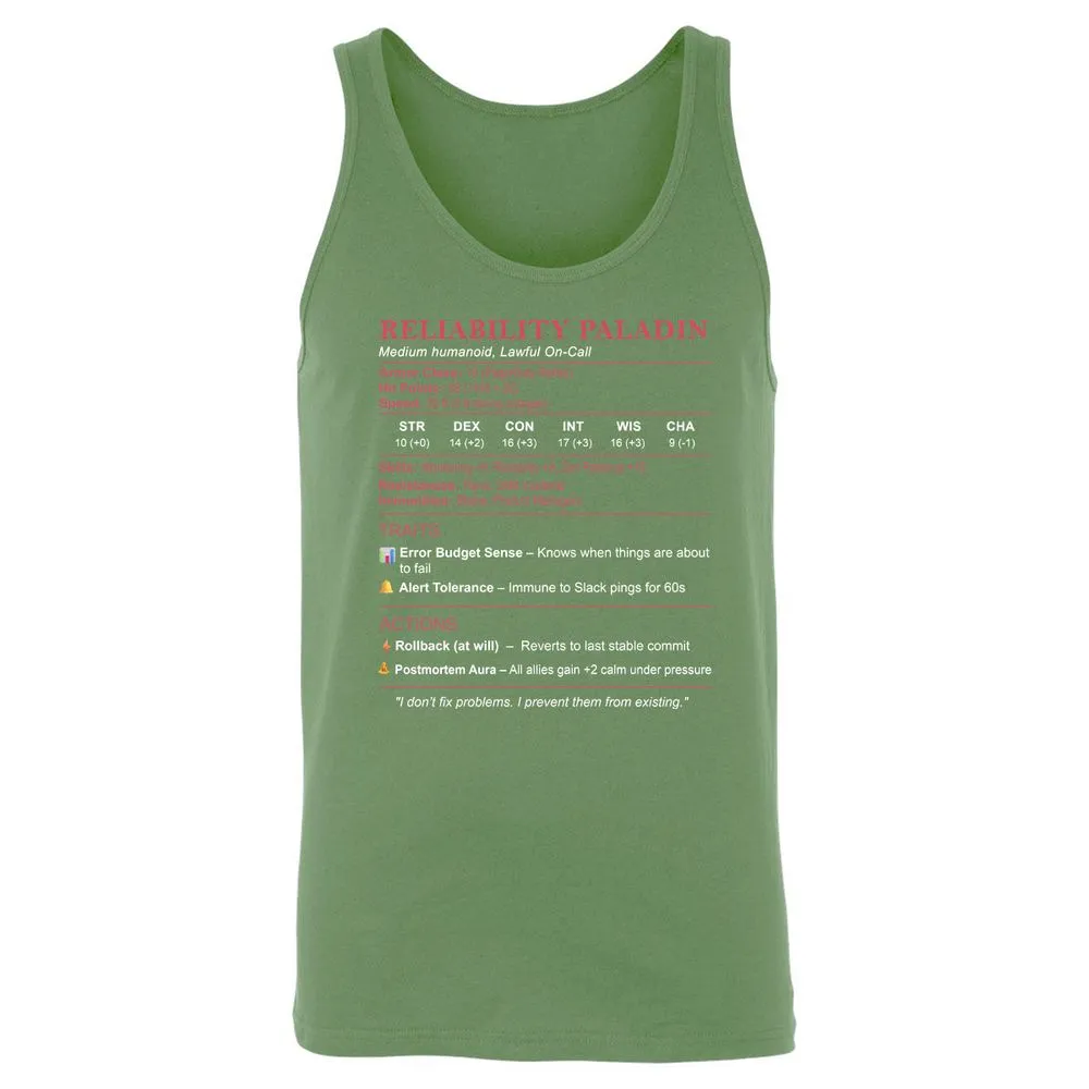 SRE Stats (Reliability Paladin) Unisex Jersey Tank - Leaf - 10