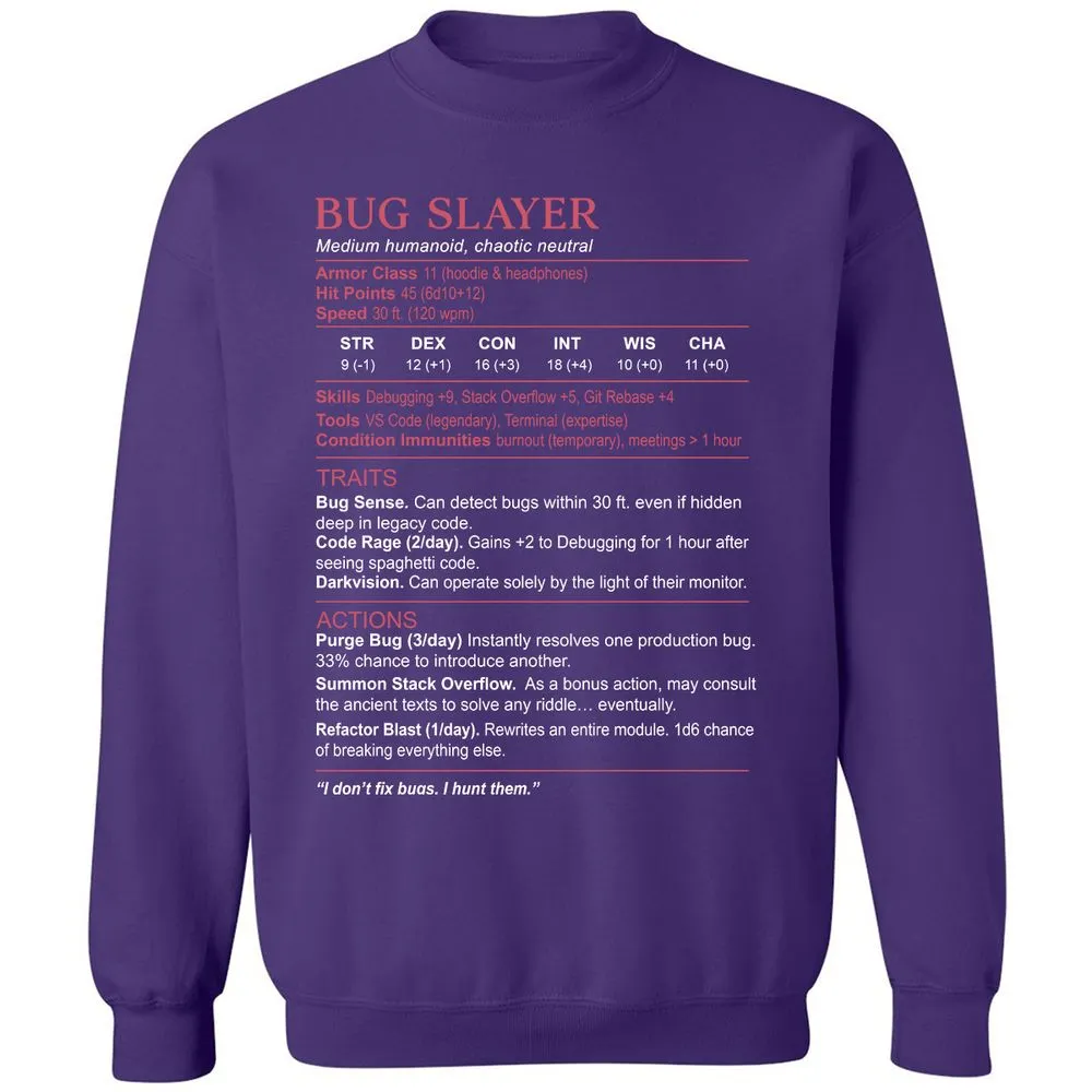 Software Engineer Stats (Bug Slayer) Classic Unisex Sweatshirt - Purple - 6