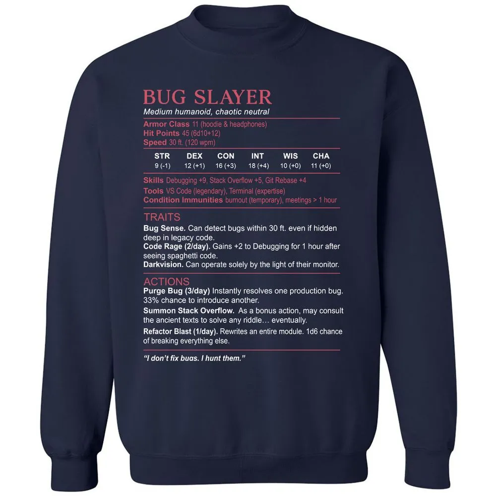 Software Engineer Stats (Bug Slayer) Classic Unisex Sweatshirt - Navy - 2