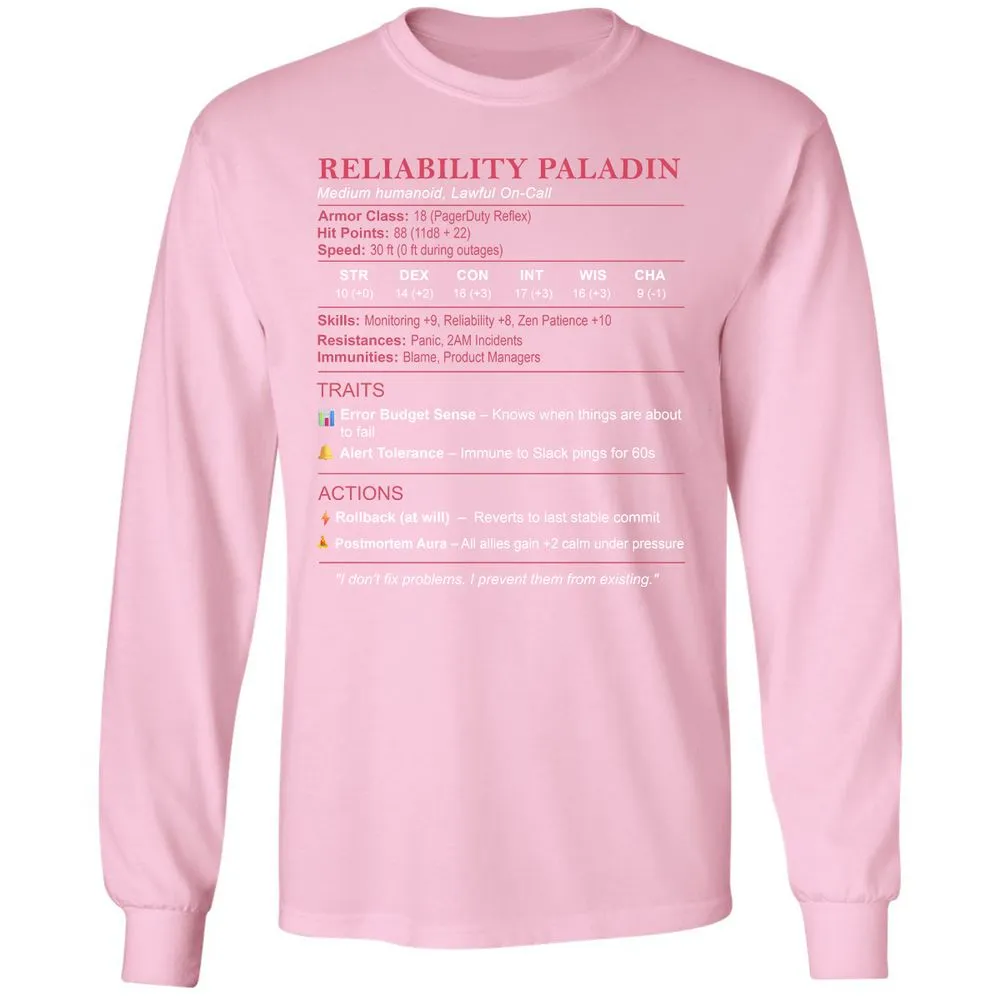 SRE Stats (Reliability Paladin) Long Sleeve T-Shirt - Light Pink - 3