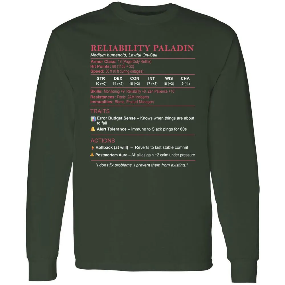 SRE Stats (Reliability Paladin) Long Sleeve T-Shirt - Forest Green - 4