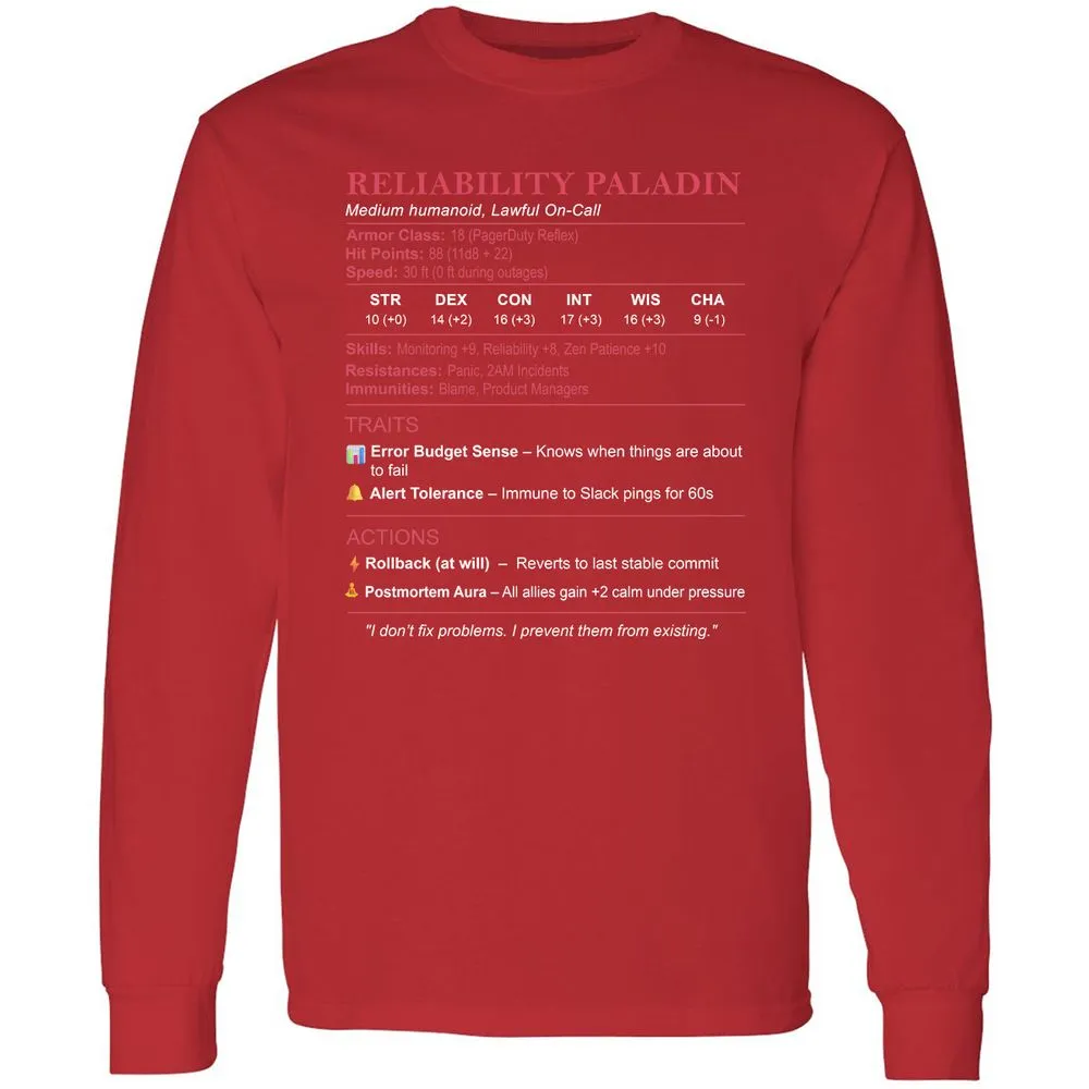 SRE Stats (Reliability Paladin) Long Sleeve T-Shirt - Red - 14