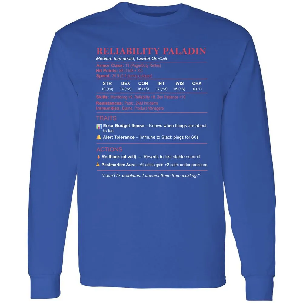 SRE Stats (Reliability Paladin) Long Sleeve T-Shirt - Royal - 8
