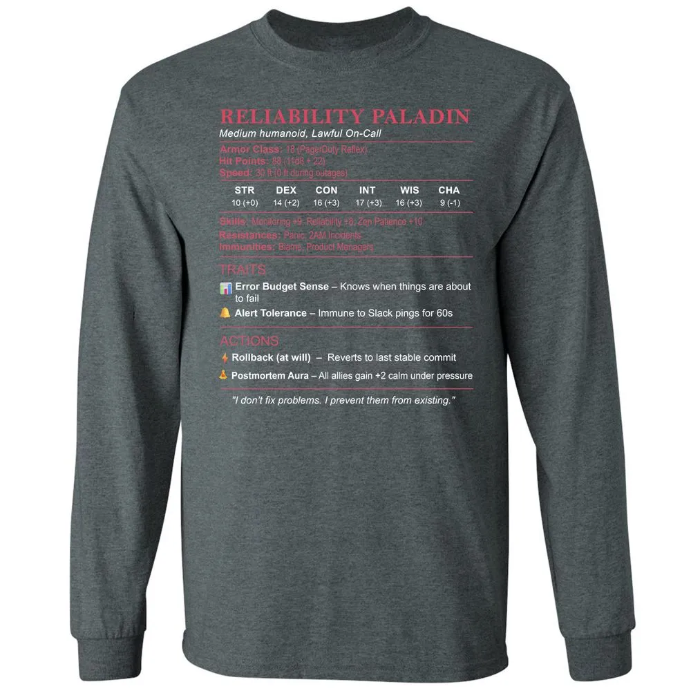 SRE Stats (Reliability Paladin) Long Sleeve T-Shirt - Dark Heather - 15