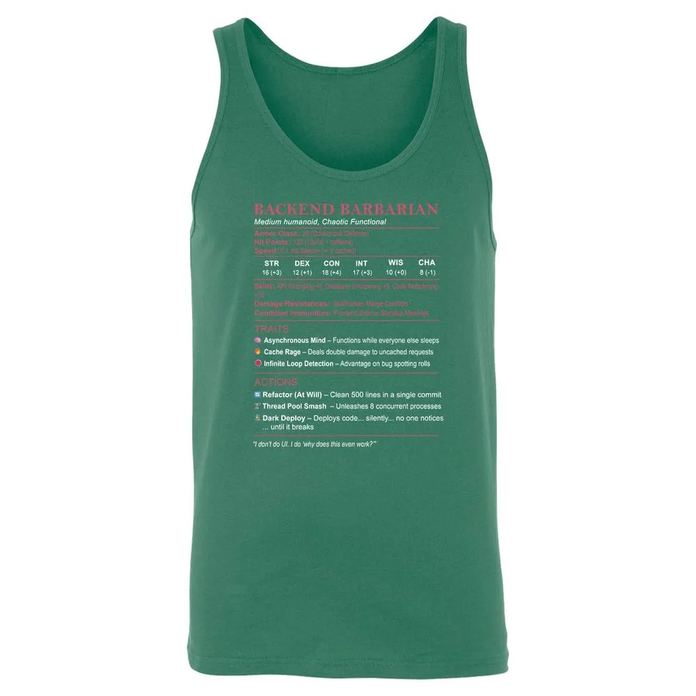 Backend Barbarian Stats Unisex Jersey Tank - Kelly - 9