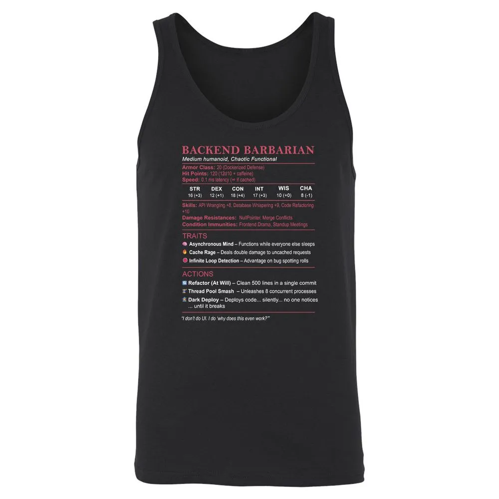 Backend Barbarian Stats Unisex Jersey Tank - Black - 1