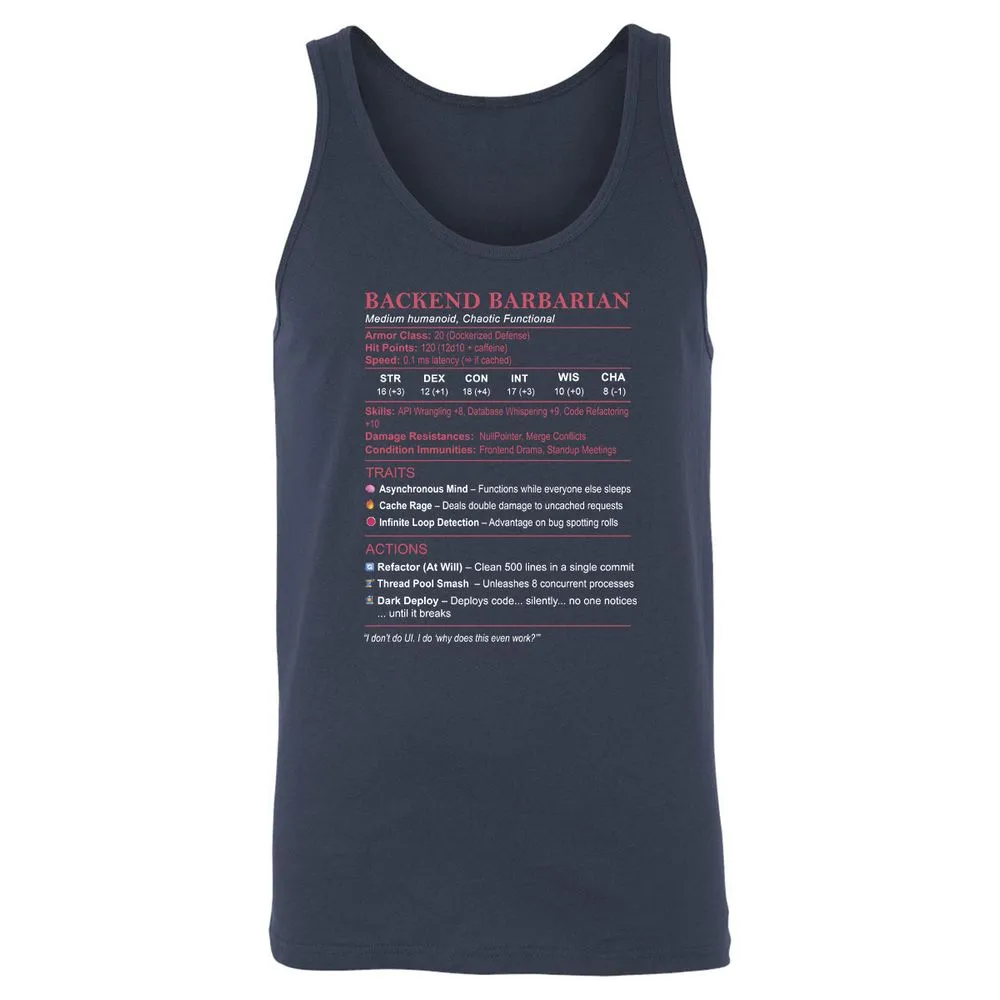 Backend Barbarian Stats Unisex Jersey Tank - Navy - 2