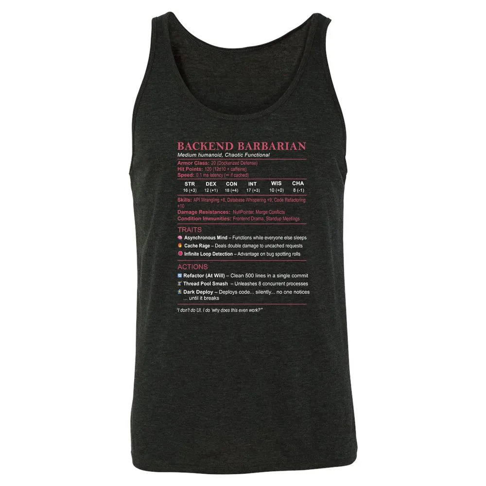 Backend Barbarian Stats Unisex Jersey Tank - Charcoal Black Triblend - 5