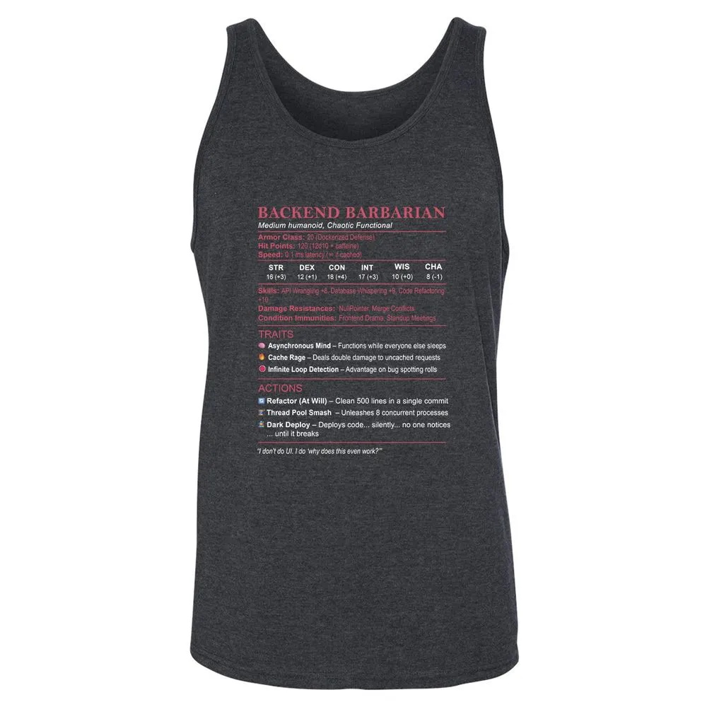 Backend Barbarian Stats Unisex Jersey Tank - Dark Grey Heather - 6