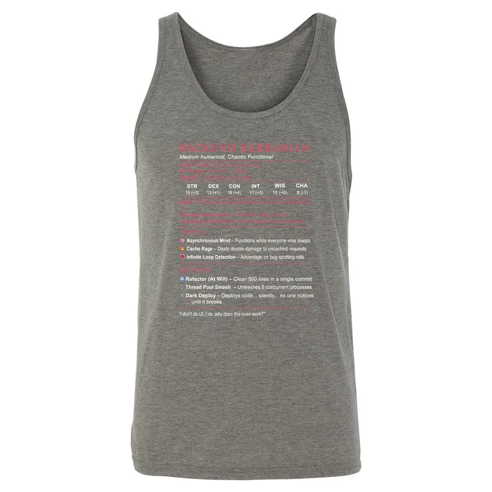 Backend Barbarian Stats Unisex Jersey Tank - Grey Triblend - 8