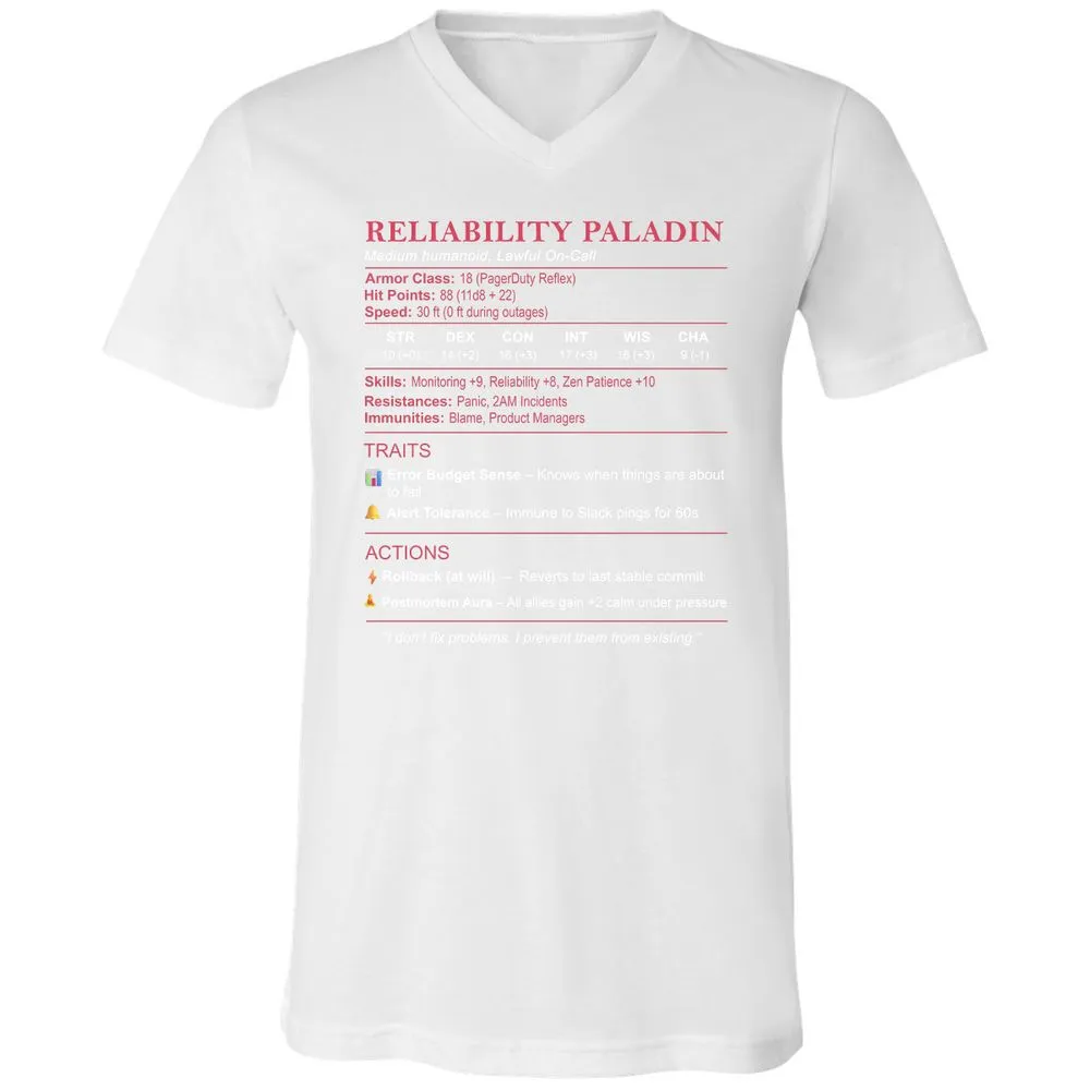 SRE Stats (Reliability Paladin) Unisex V-Neck T-Shirt - White - 5