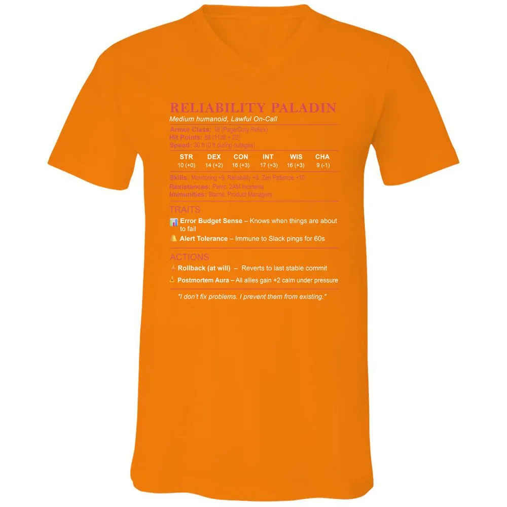 SRE Stats (Reliability Paladin) Unisex V-Neck T-Shirt - Orange - 11