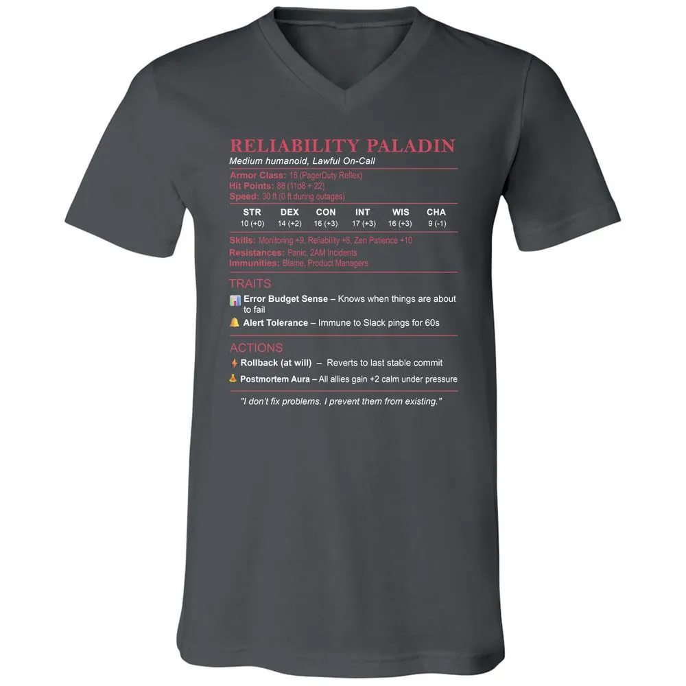 SRE Stats (Reliability Paladin) Unisex V-Neck T-Shirt - Asphalt - 12