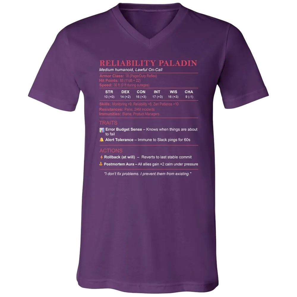 SRE Stats (Reliability Paladin) Unisex V-Neck T-Shirt - Team Purple - 9