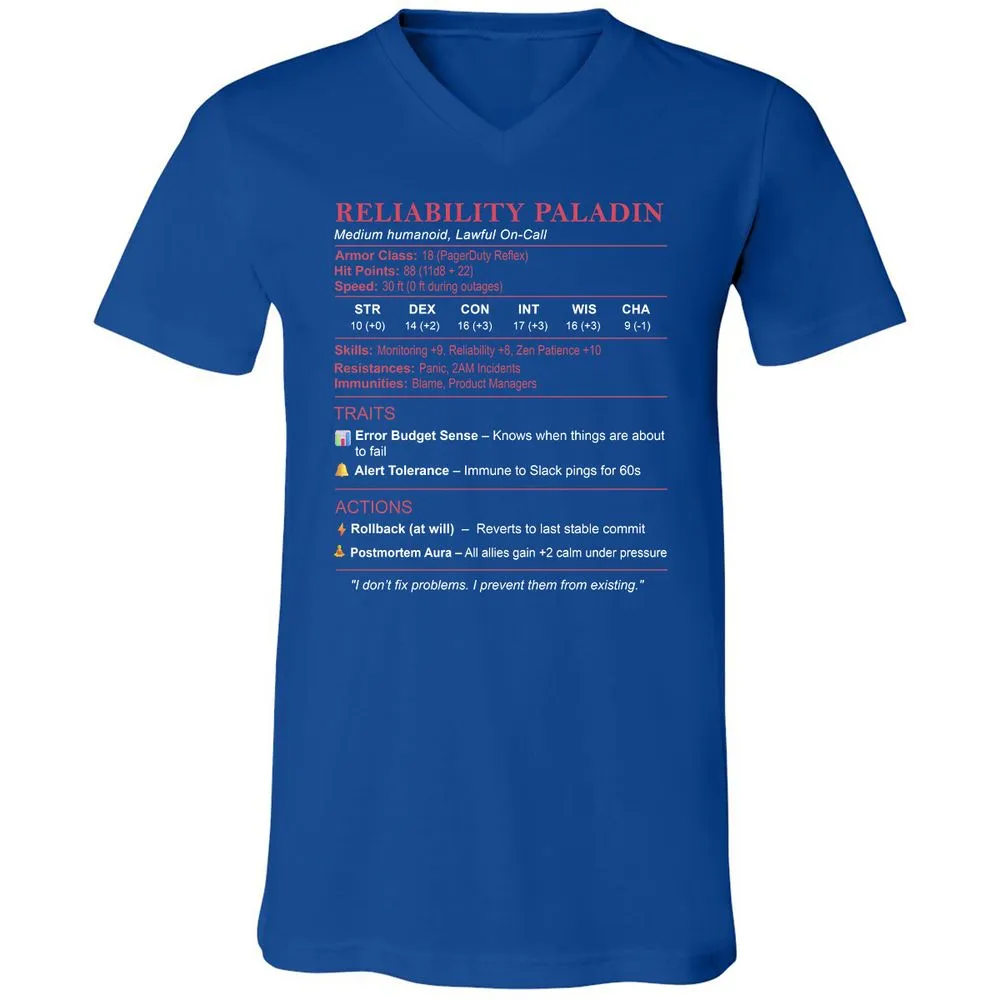 SRE Stats (Reliability Paladin) Unisex V-Neck T-Shirt - True Royal - 4