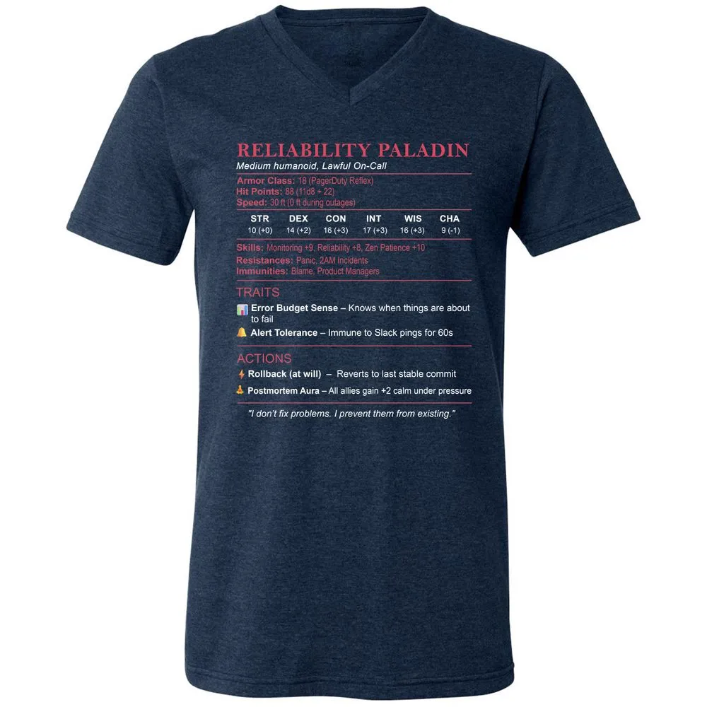 SRE Stats (Reliability Paladin) Unisex V-Neck T-Shirt - Heather Navy - 15