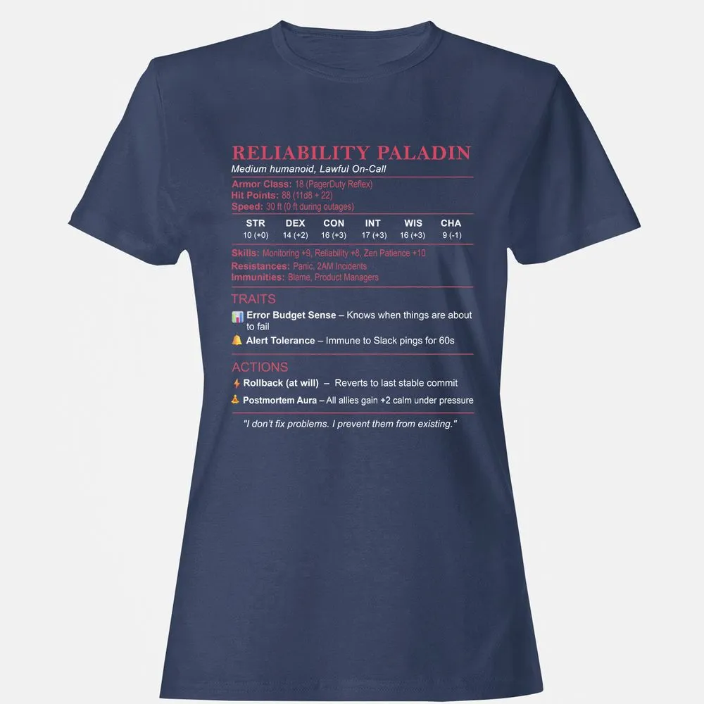 SRE Stats (Reliability Paladin) Women's T-Shirt - Navy - 10